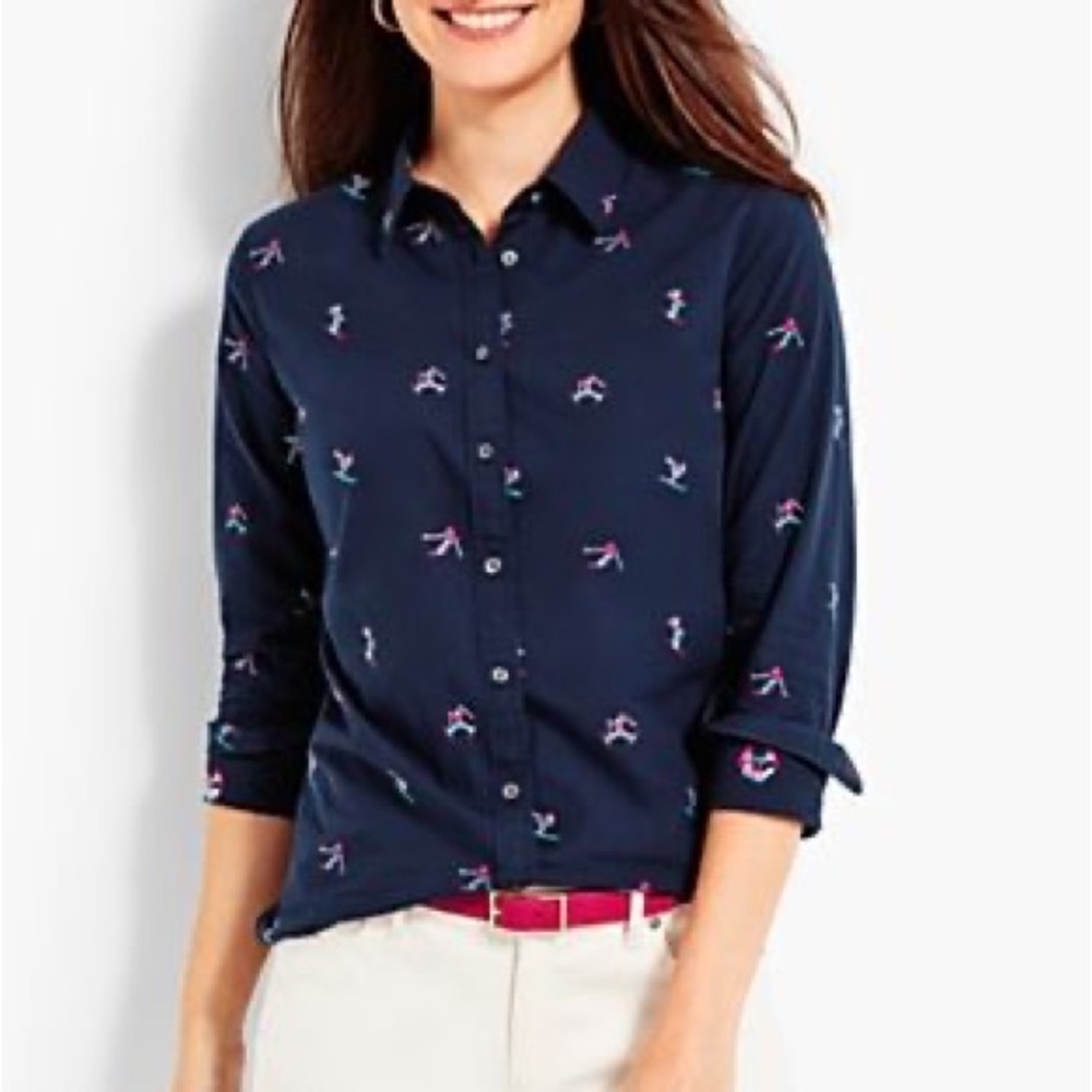 NWT Talbots Cotton Button Front Shirt-Skiers Size L Layer Whimsical Resort